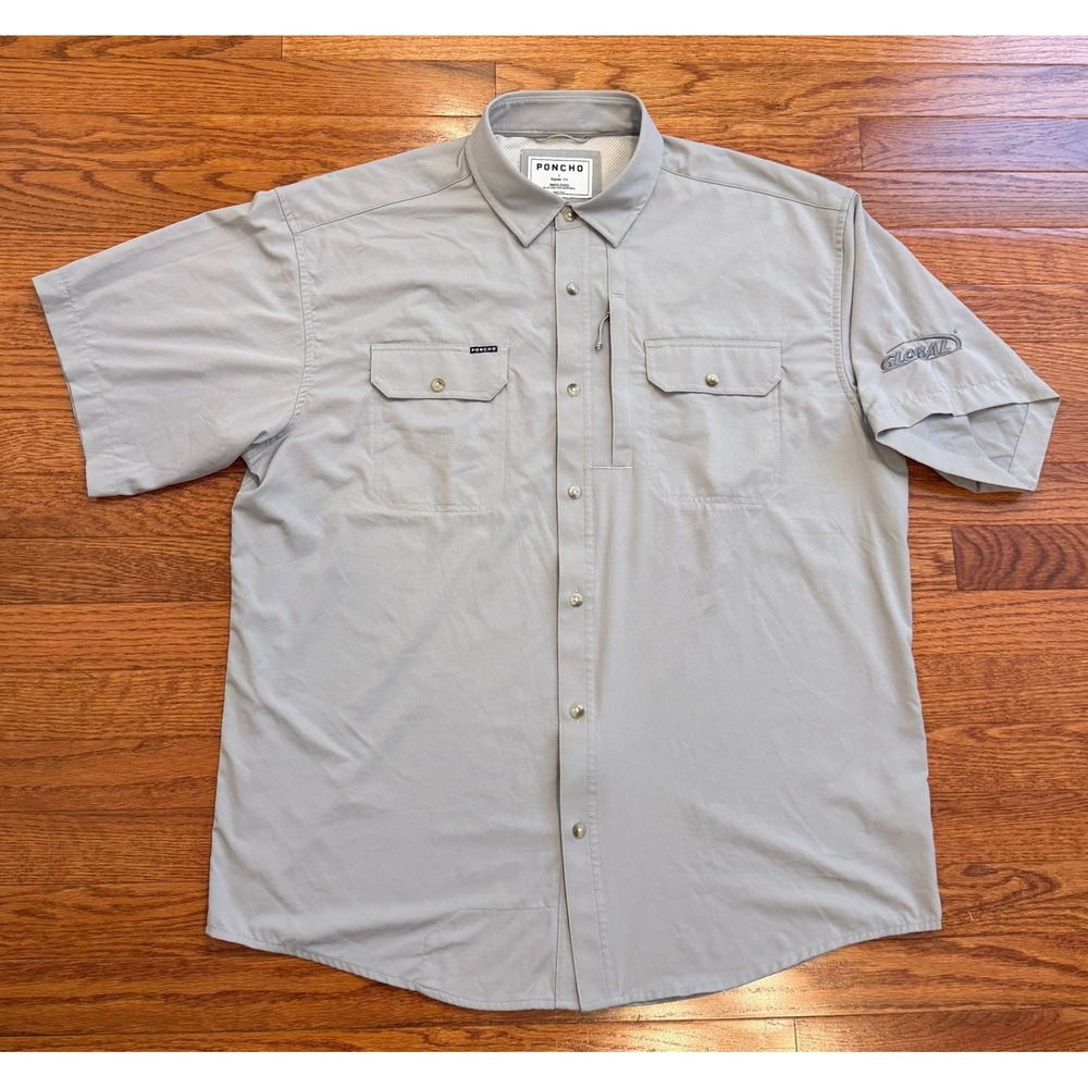 Poncho Button-Down Shirt Mens Large Gray Fishing Hiking Outdoor Magnetic Logo